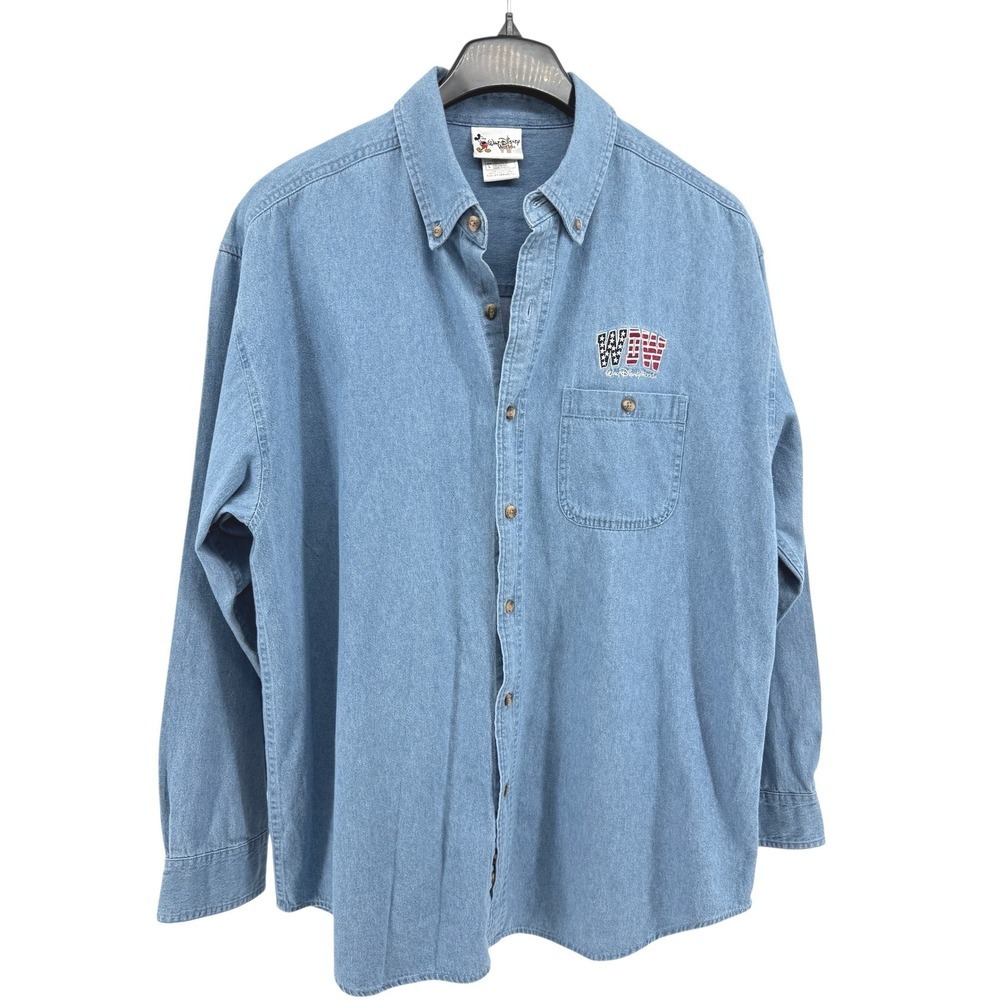 Vtg Disney World USA Flag Denim Shirt Mens Large Pre-Owned Button Down ThemePark